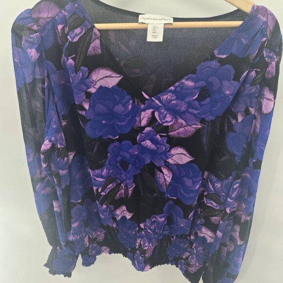 Cupcakes and Cashmere Black Purple Floral V-Neck Long Sleeved Large - Picture 1 of 11